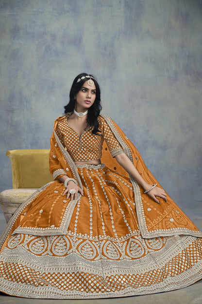 Mustard lehenga choli bridal guest outfit side angle