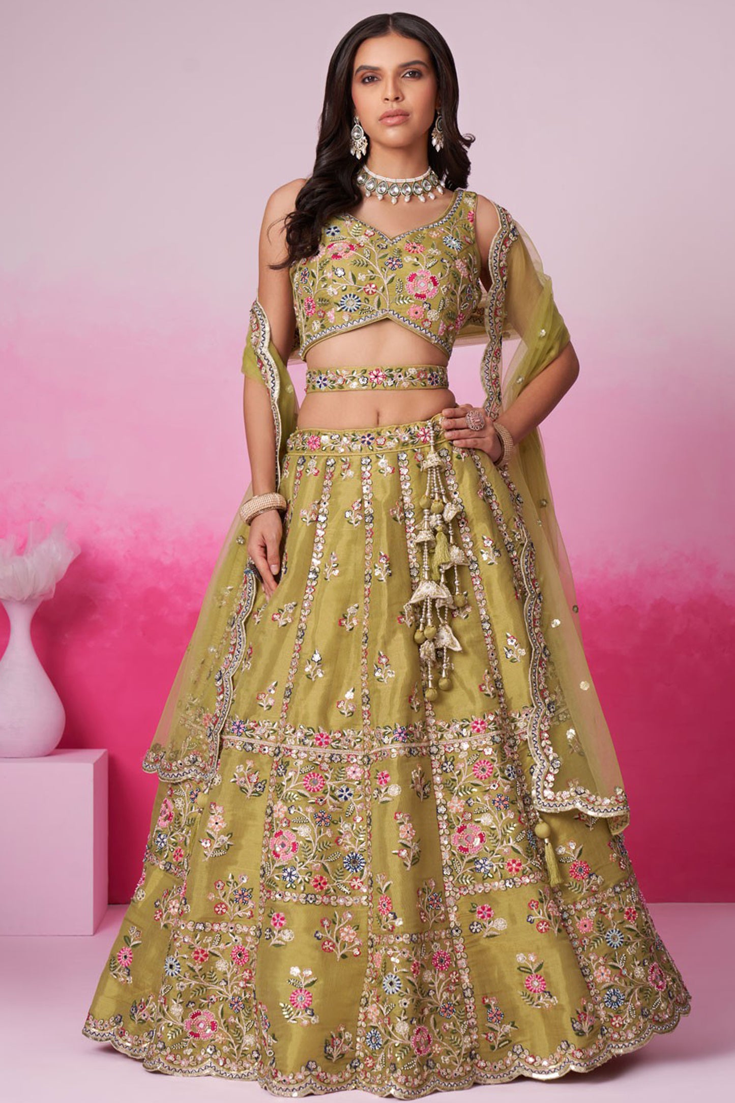 mustard lehenga full front view with mirror work
