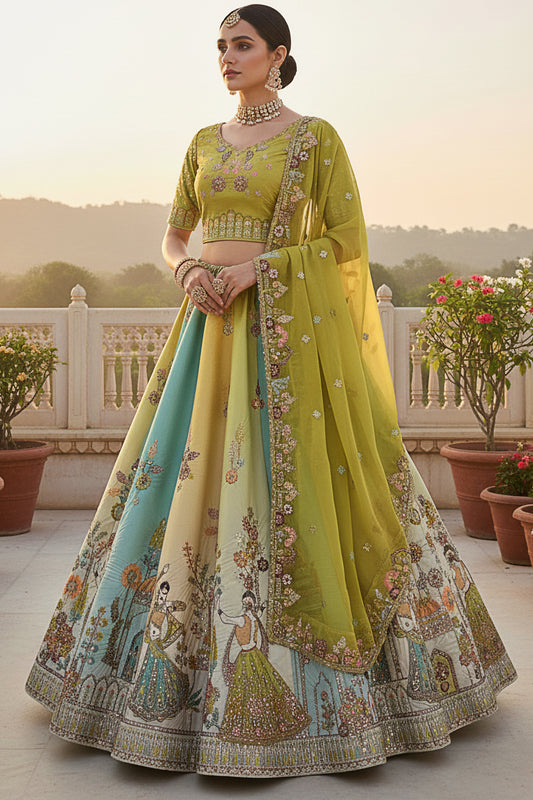 Mustard lehenga front view with embroidered lace detailing