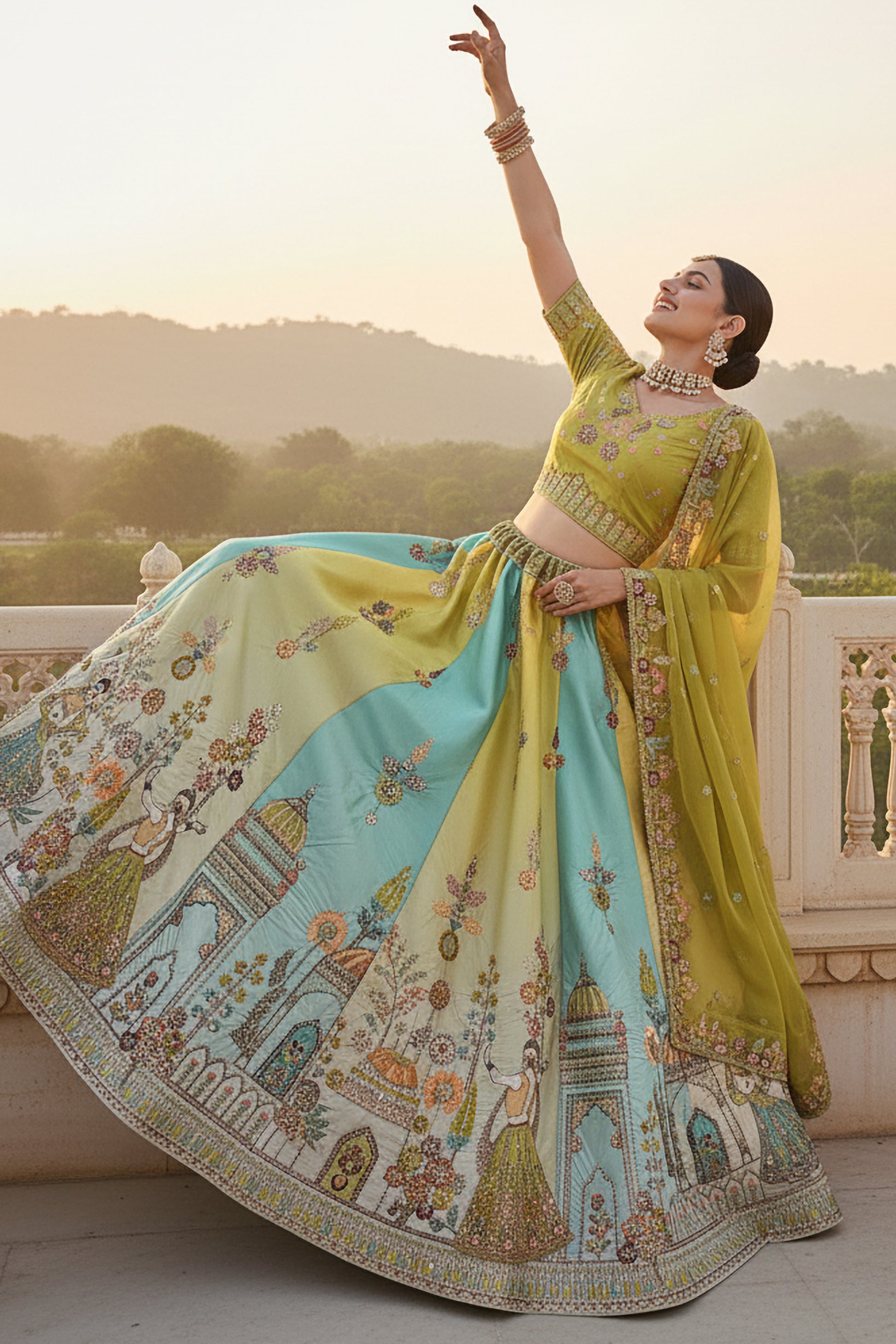 Party-ready lehenga choli in mustard tone