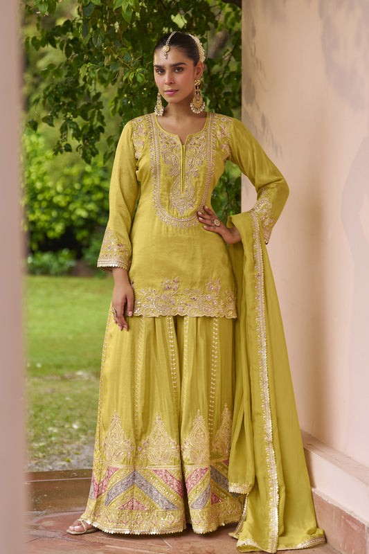 Mustard-lime Indian sharara suits front view with embroidered top and dupatta