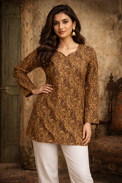 women tops mustard digital print top flat lay