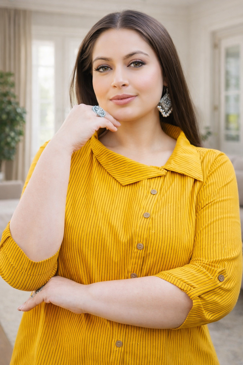 Casual yellow shirt for women styled for daytime outing