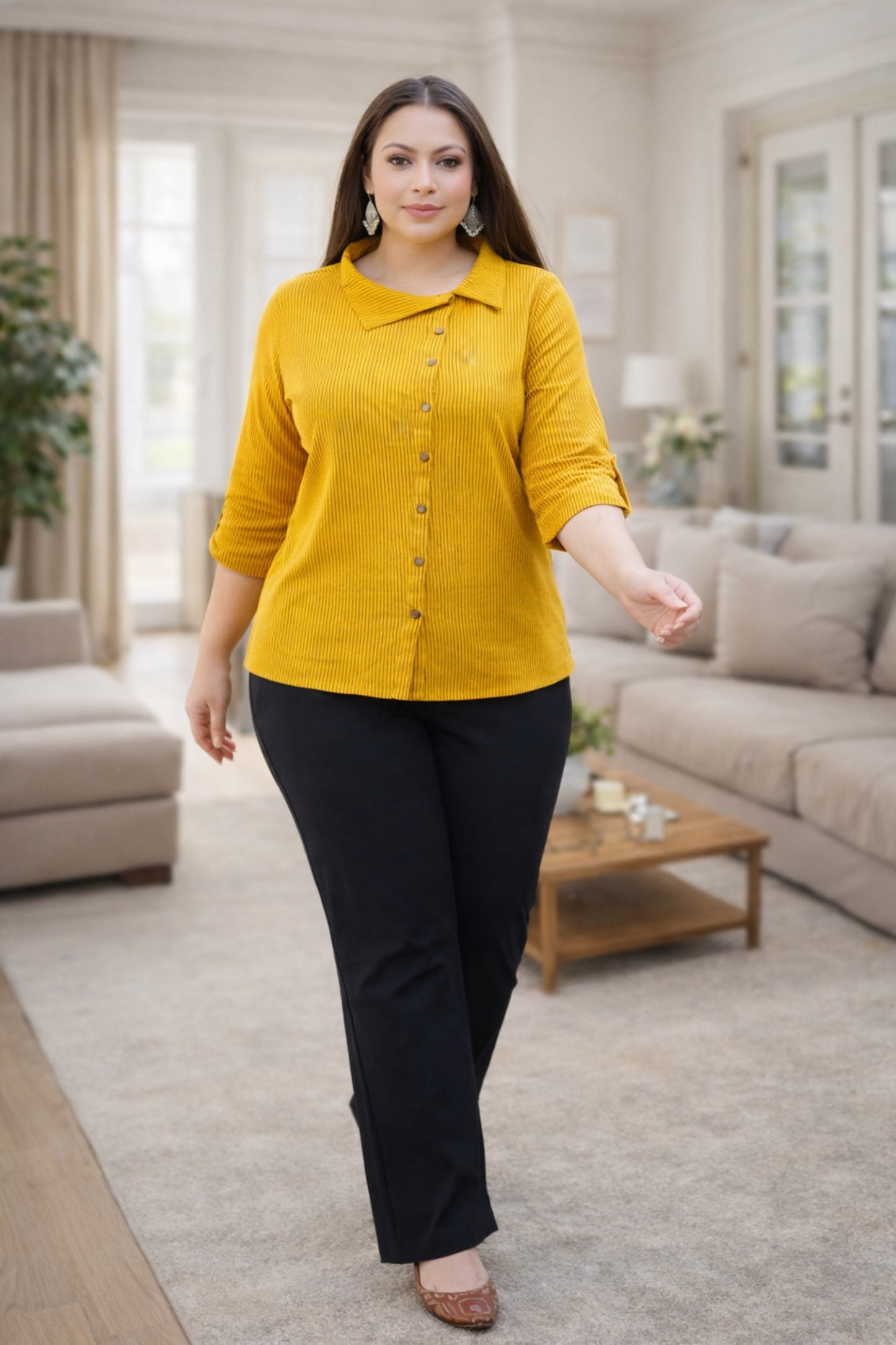 Yellow party wear shirt front view with 3/4 sleeves