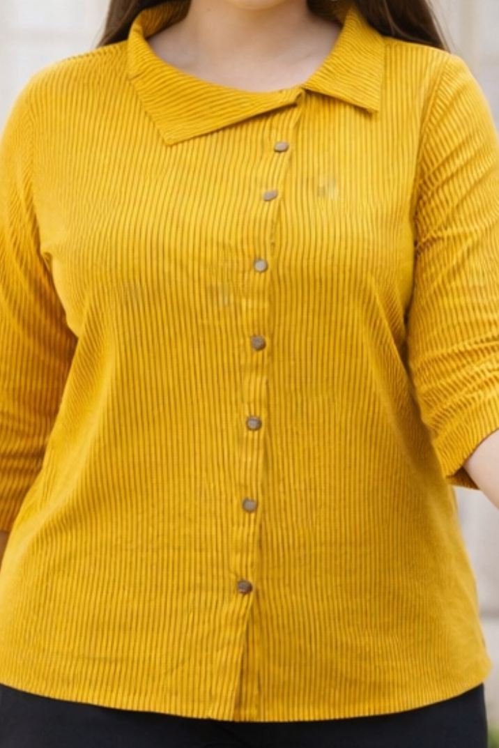 Close-up of cotton fabric on yellow women’s shirt