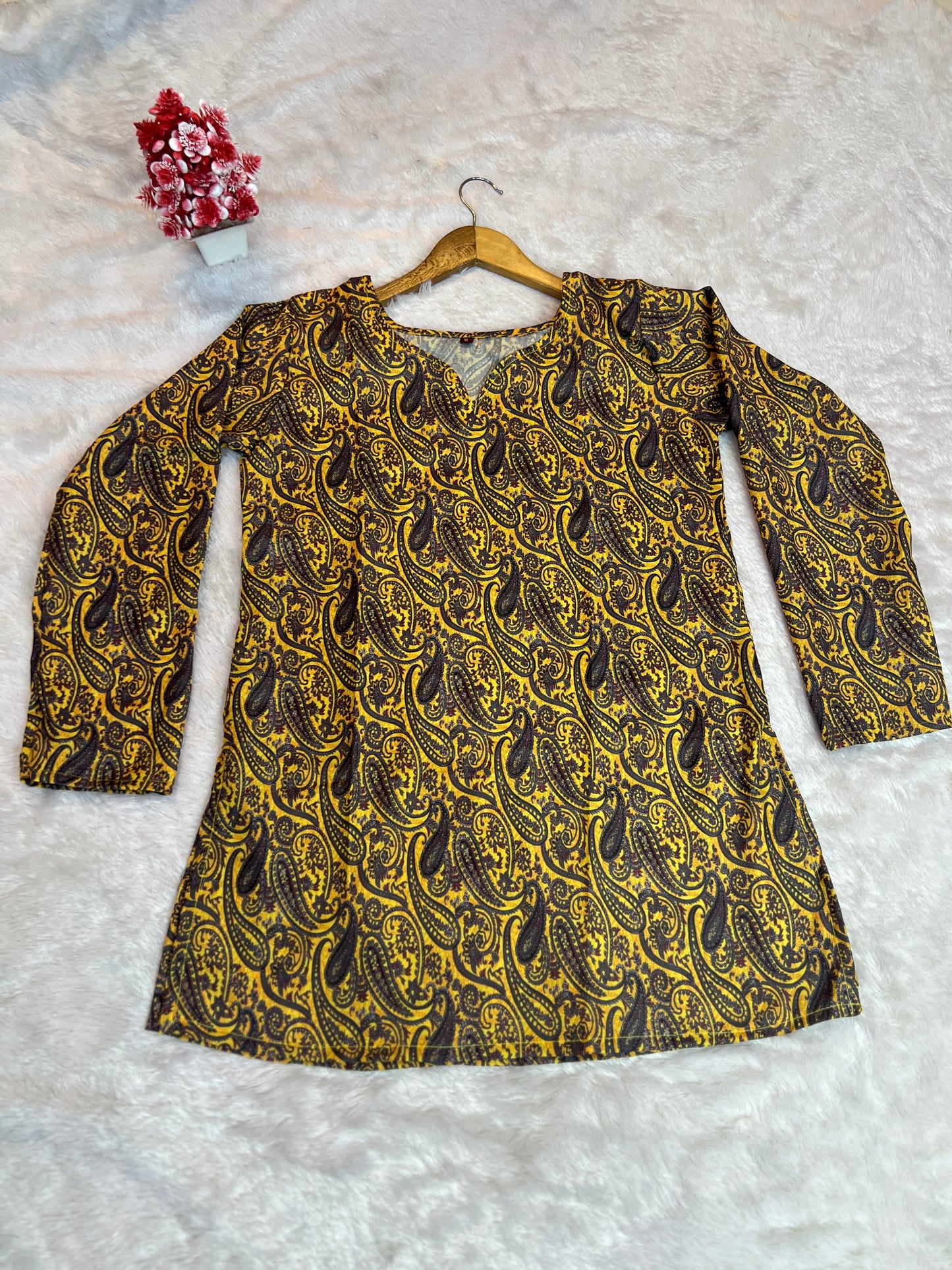 mustard paisley top outfit idea for casual office