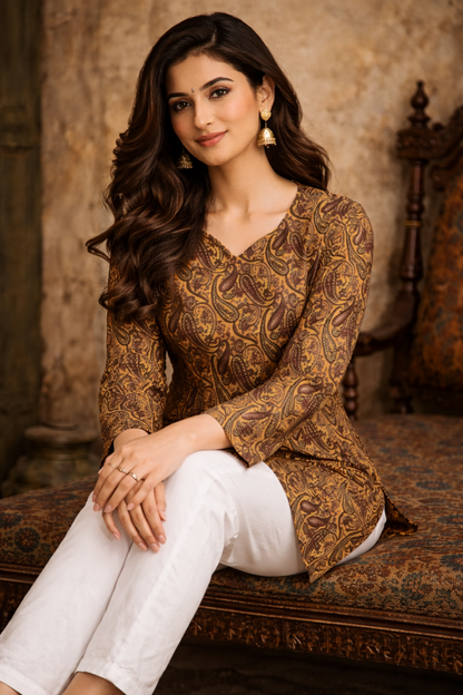 mustard paisley top for women casual weekday outfit