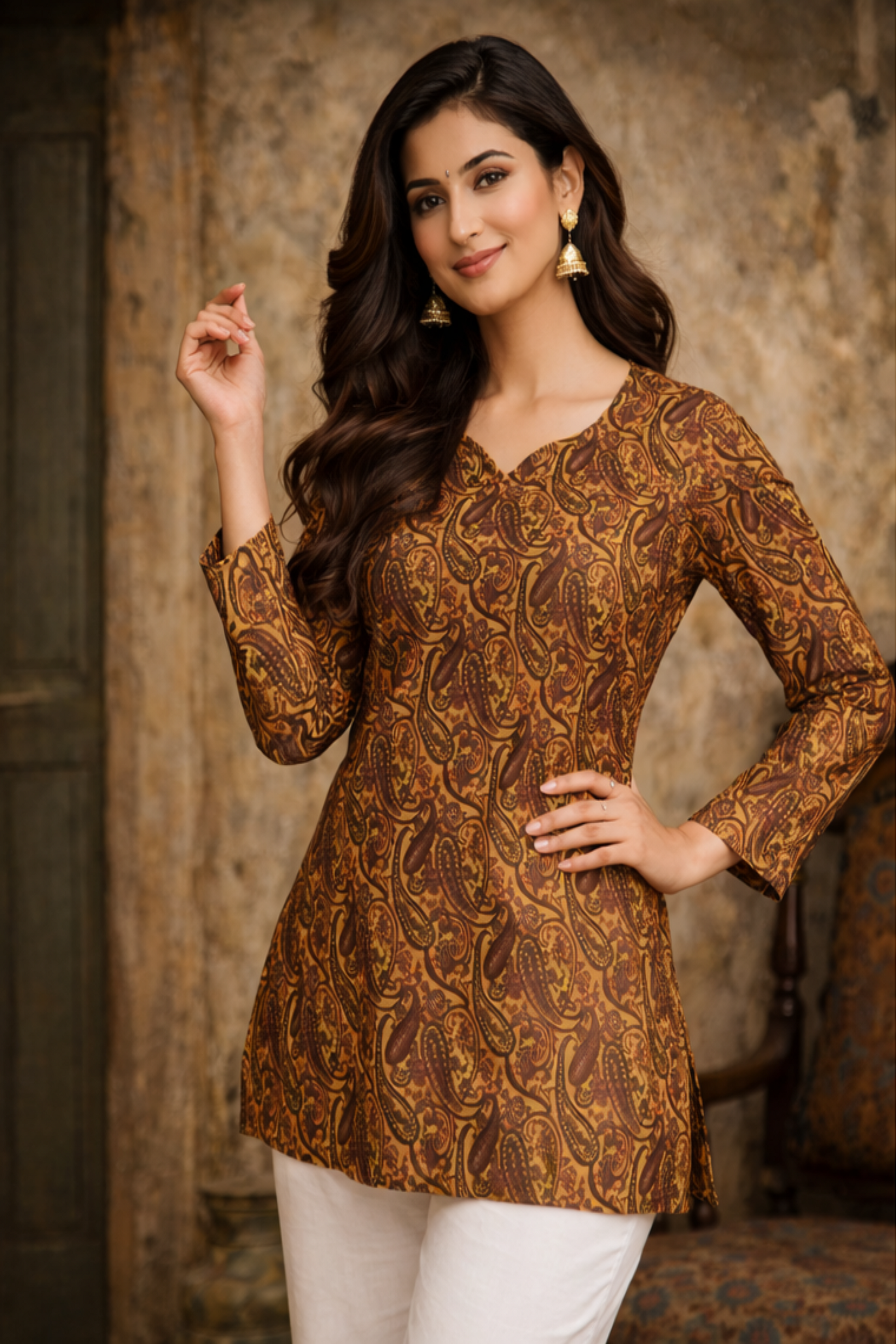 mustard women tops with black paisley print front view