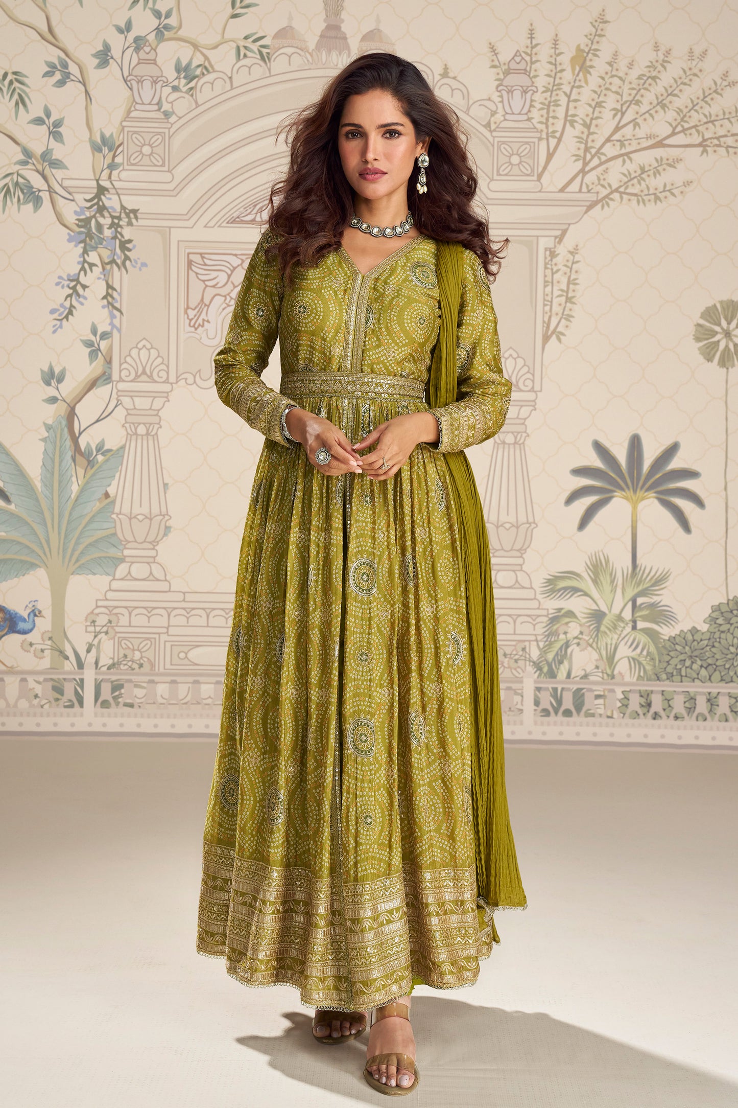 Mustard yellow anarkali dress front view with embroidery