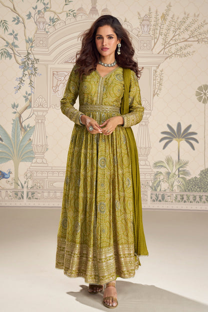 Mustard yellow anarkali dress front view with embroidery