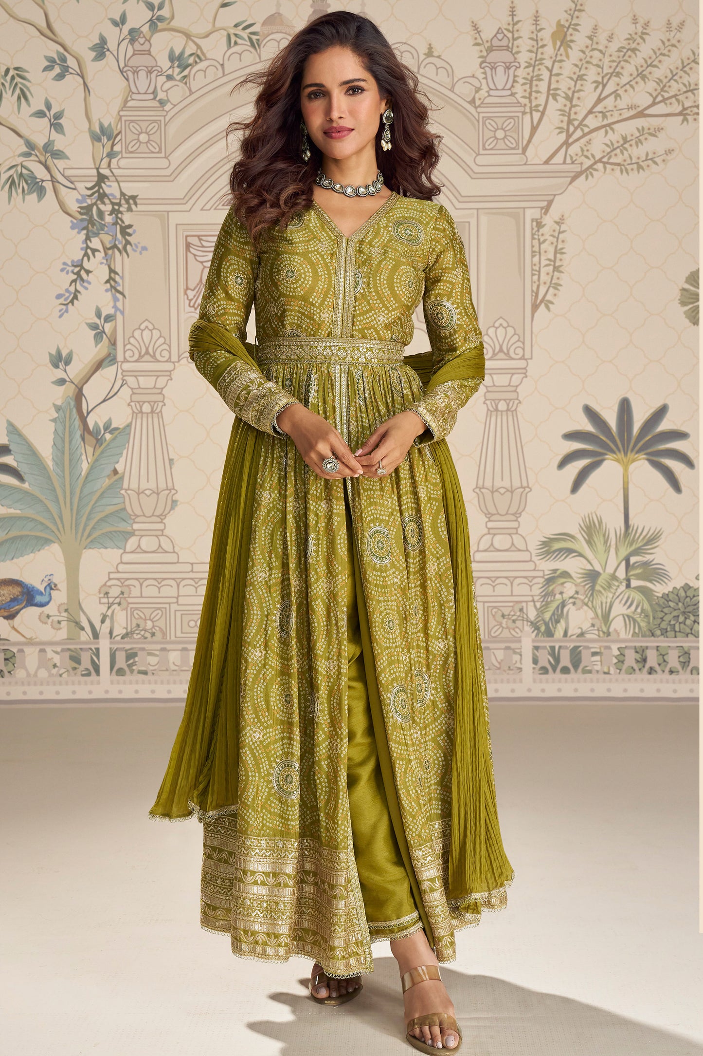 Front full view of mustard yellow anarkali suit