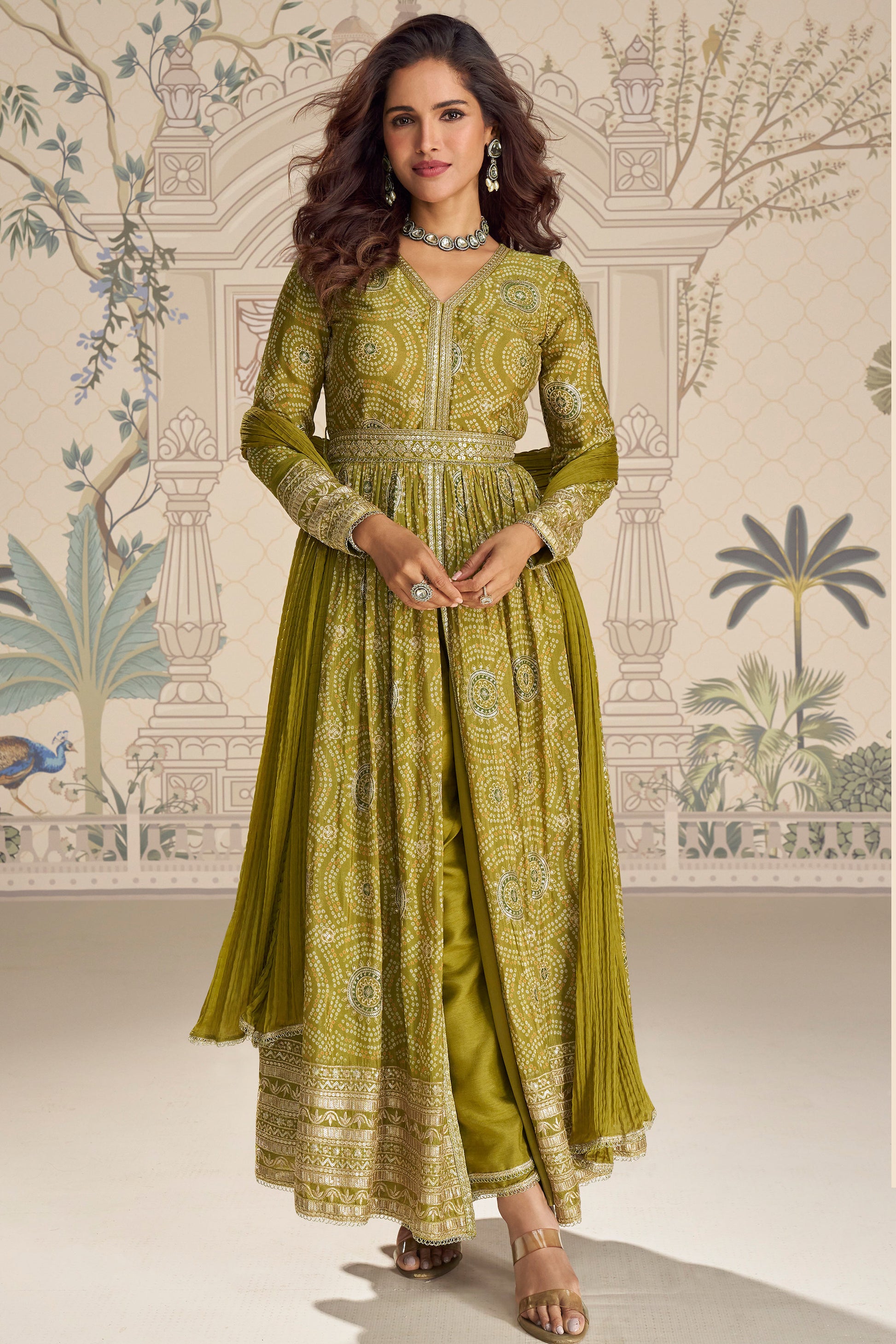 Front full view of mustard yellow anarkali suit