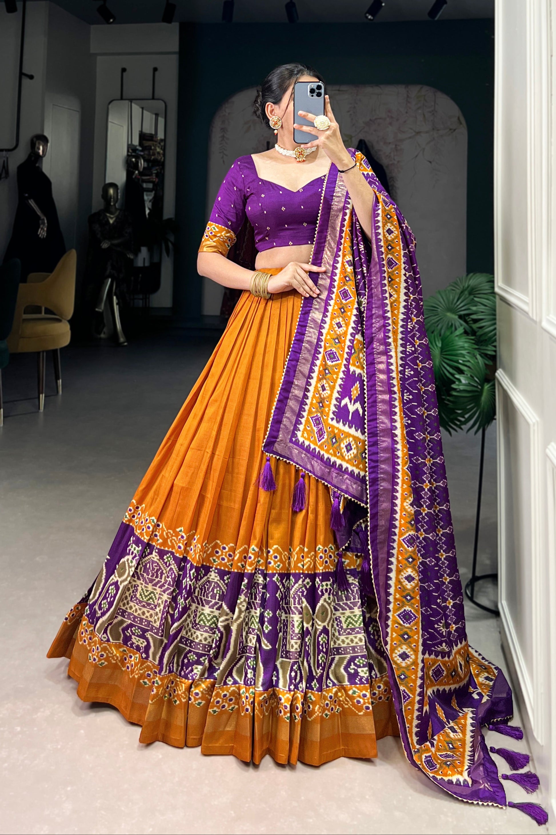mustard yellow colour lehenga choli full front view with mirror work