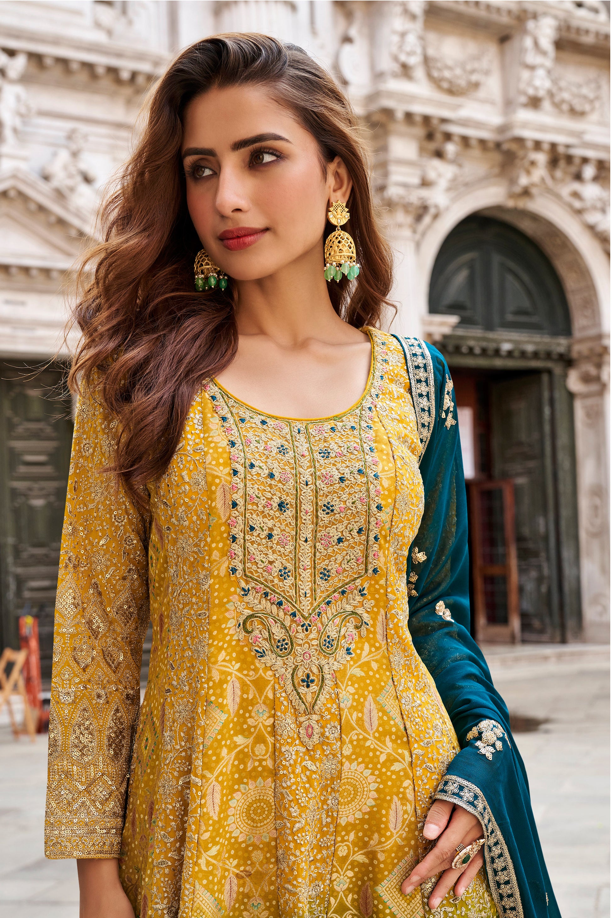 Close up of georgette fabric texture in mustard yellow suit
