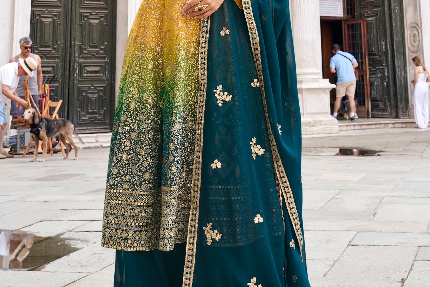 Sharara flare detail in mustard yellow salwar suit