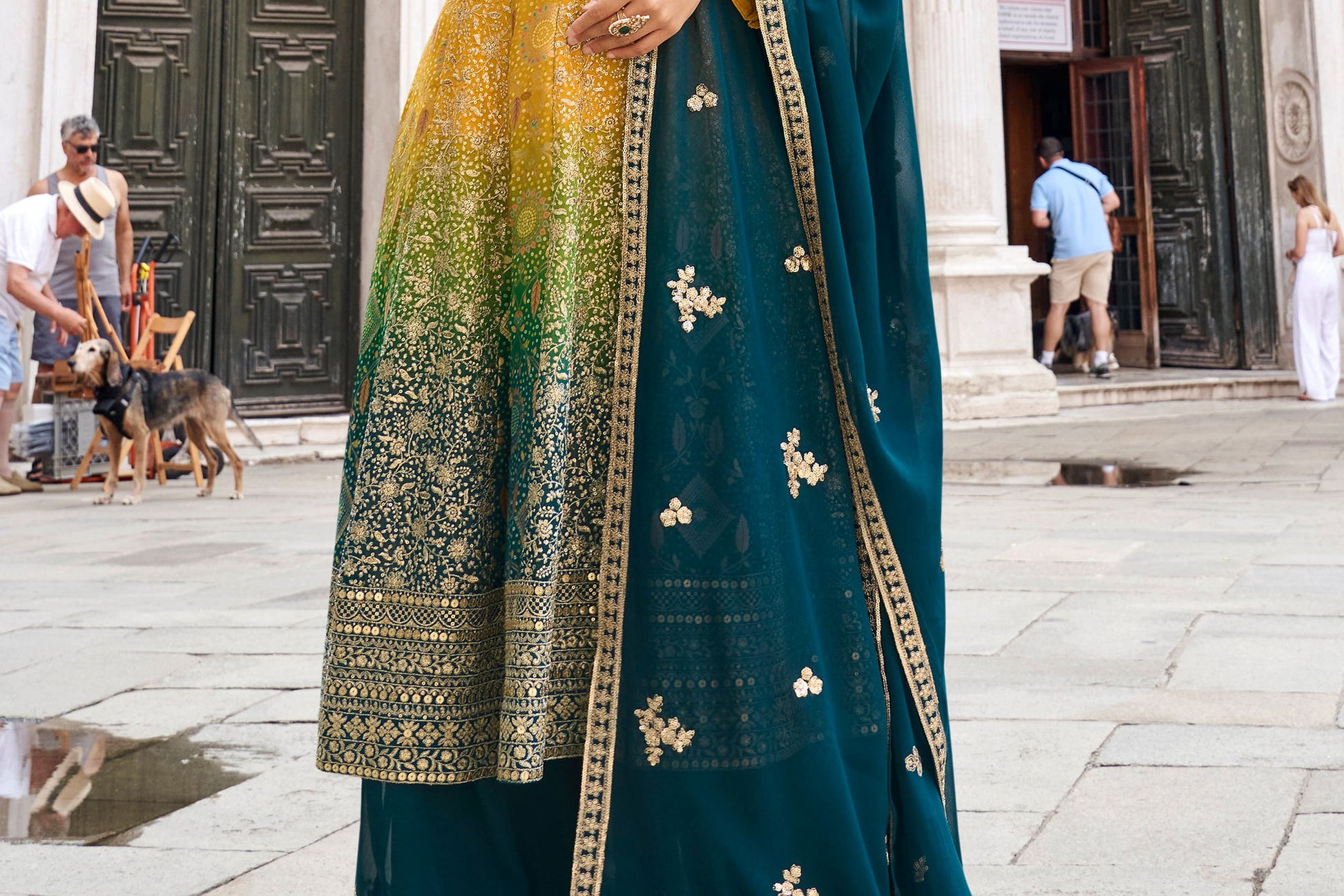 Sharara flare detail in mustard yellow salwar suit