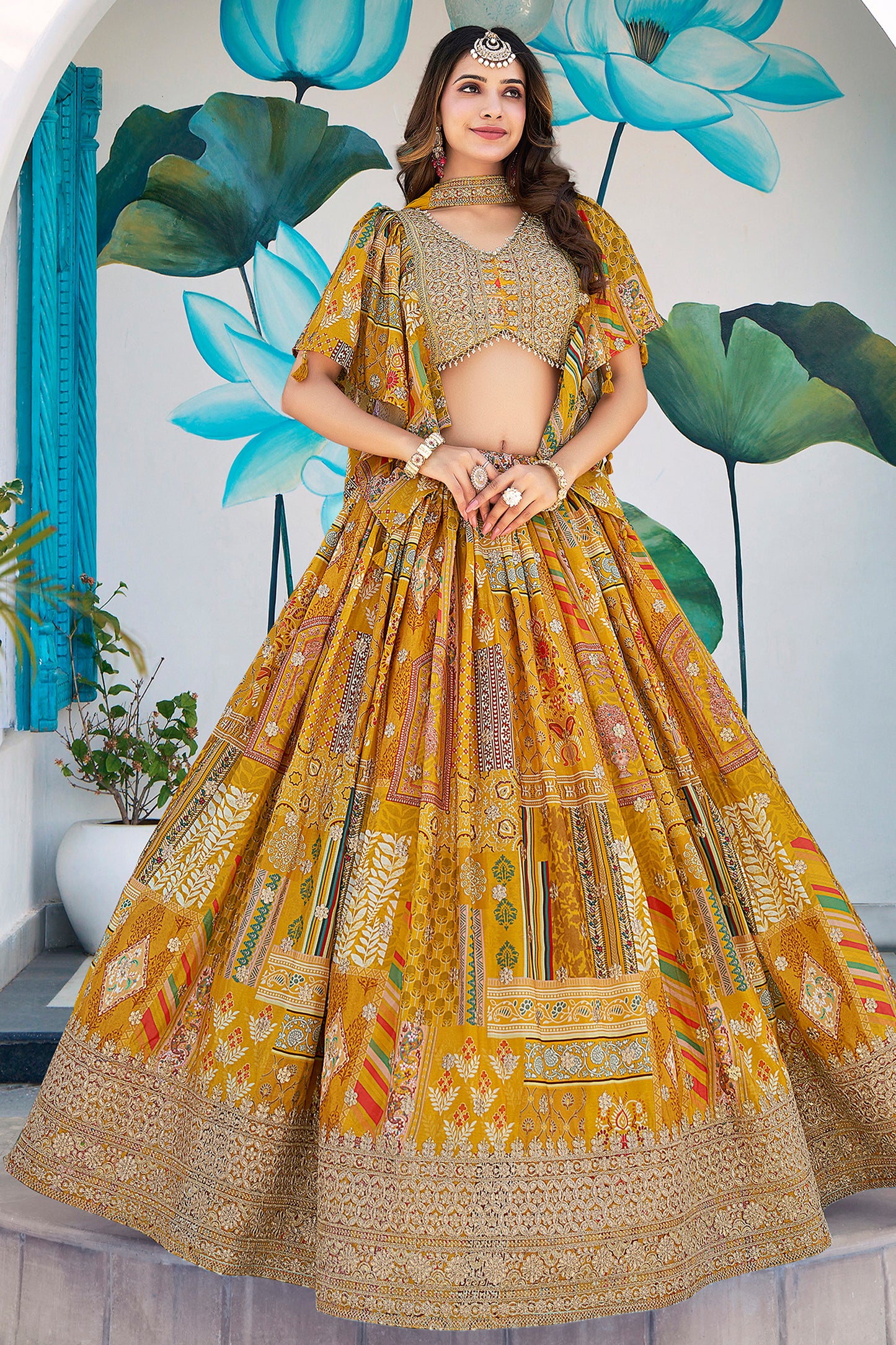 Mustard yellow lehenga choli front full view with embroidery