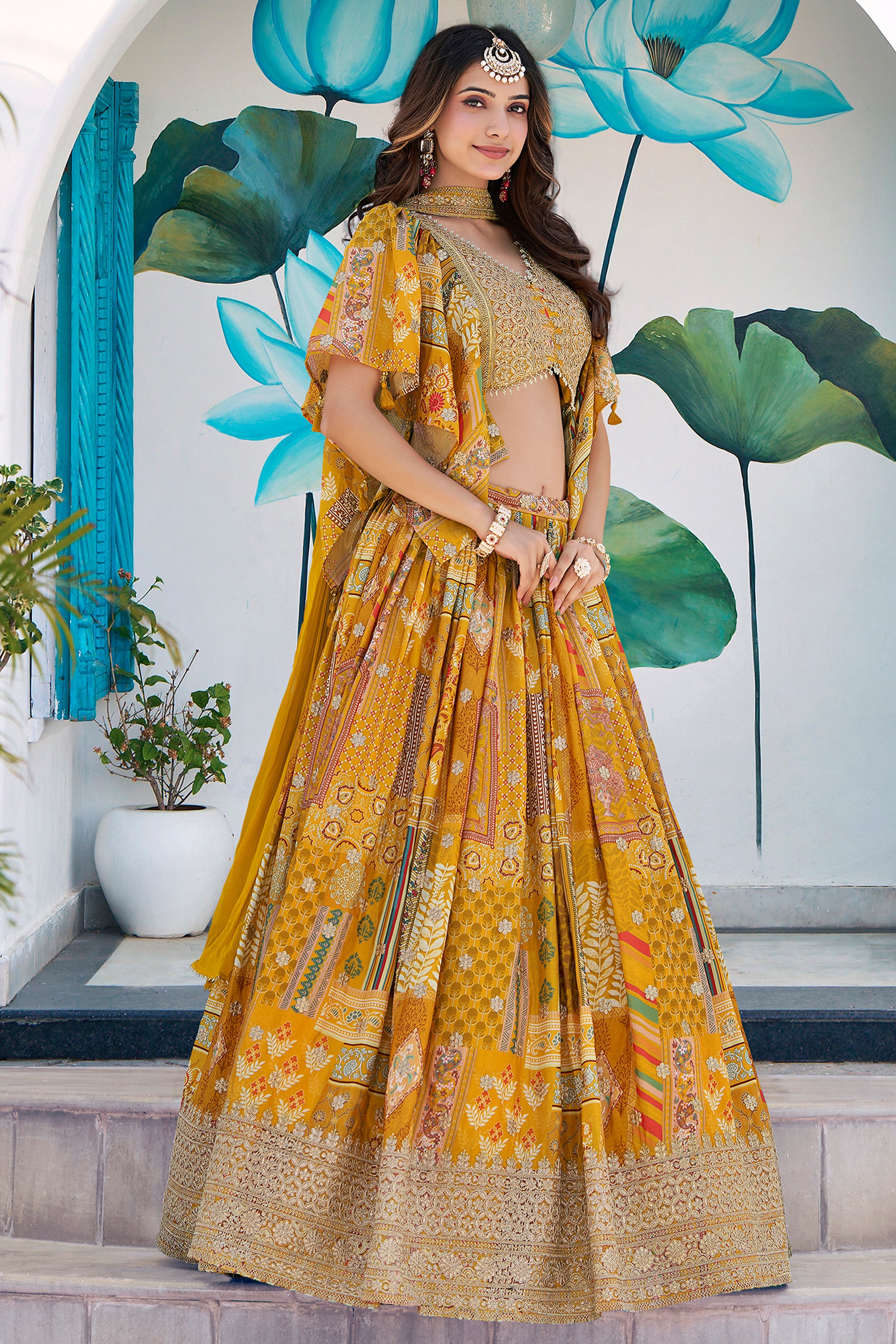 Mustard yellow lehenga choli front full view with embroidery