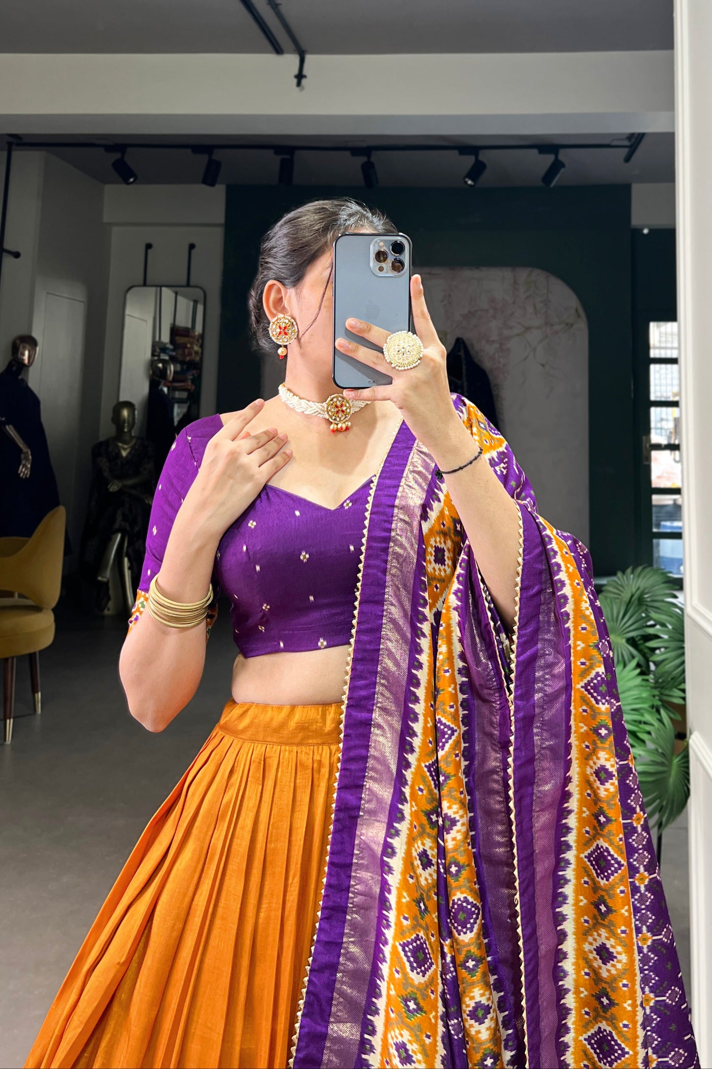 mustard yellow lehenga Tussar silk fabric texture close up