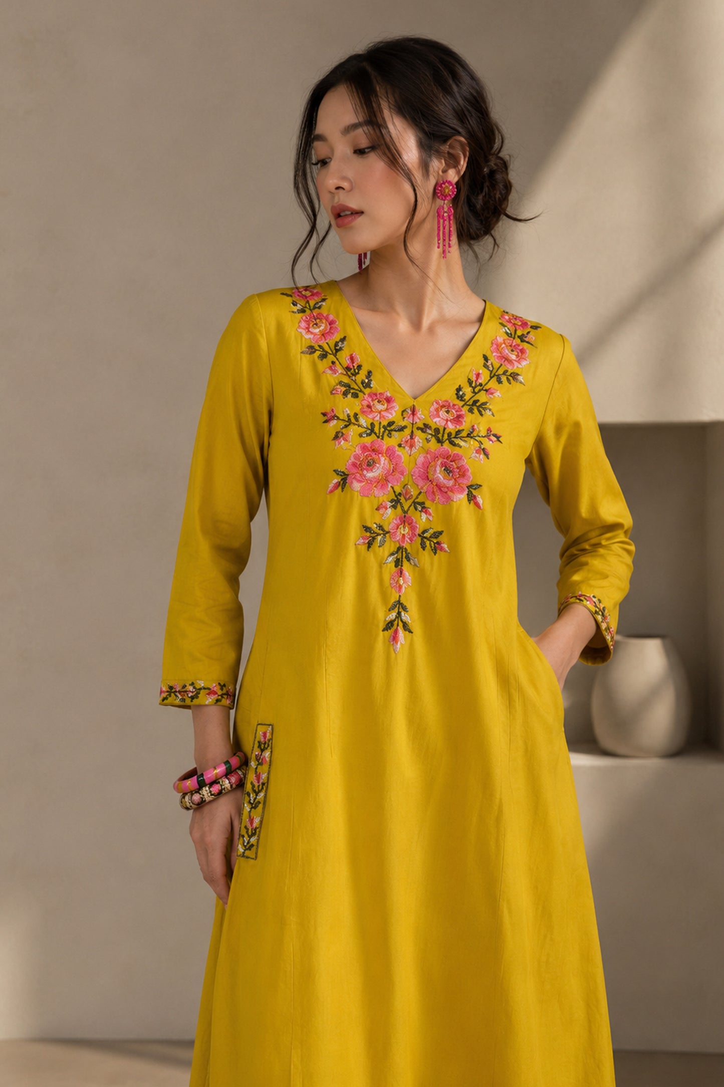 Mustard Yellow palazzo kurti with floral embroidery detail