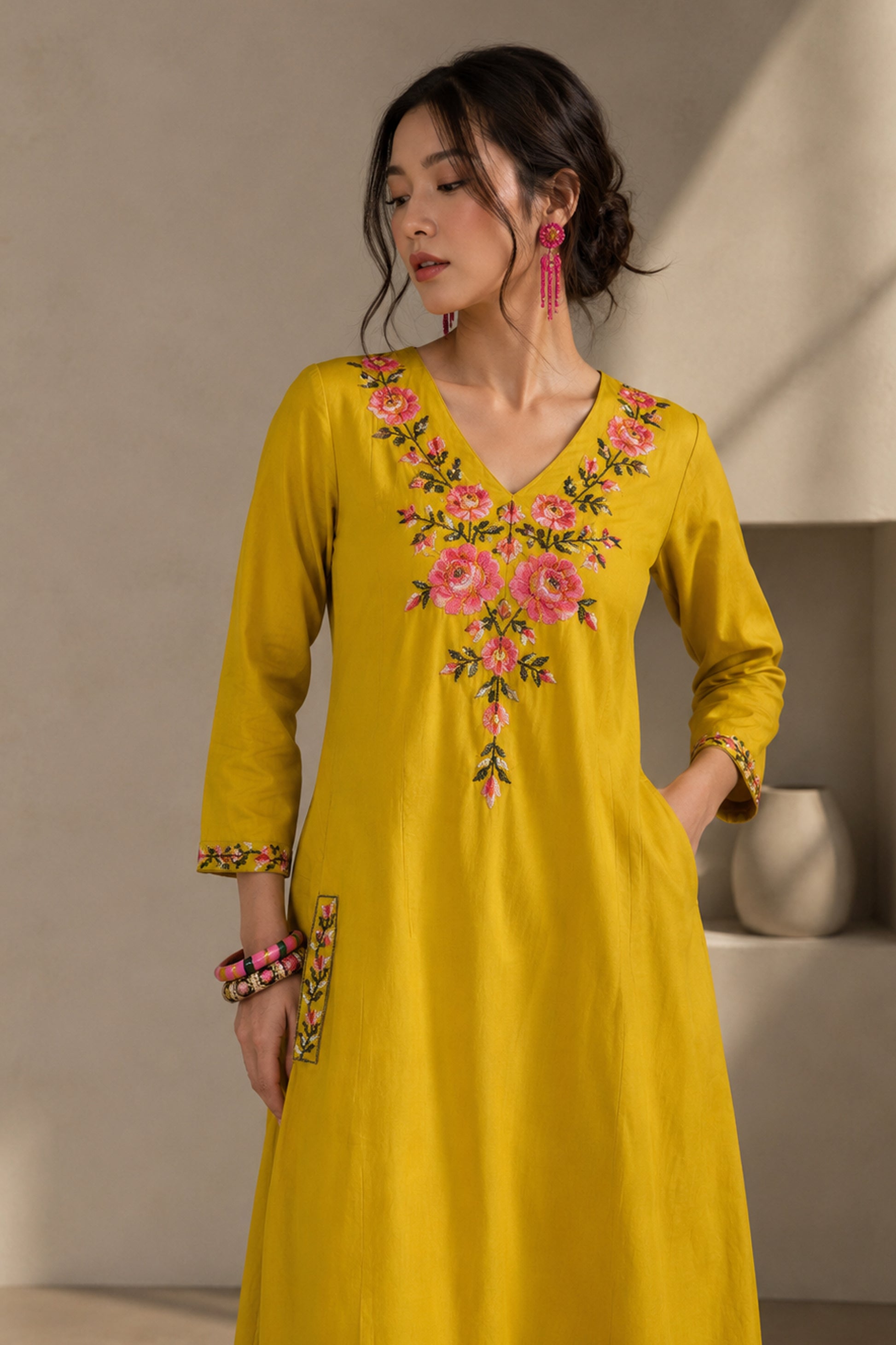 Mustard Yellow palazzo kurti with floral embroidery detail