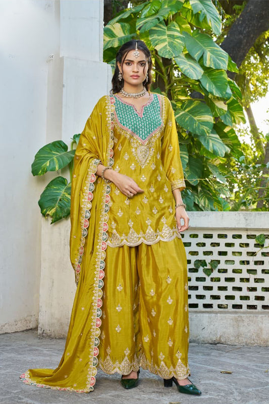 Mustard yellow palazzo with full heavy embroidery