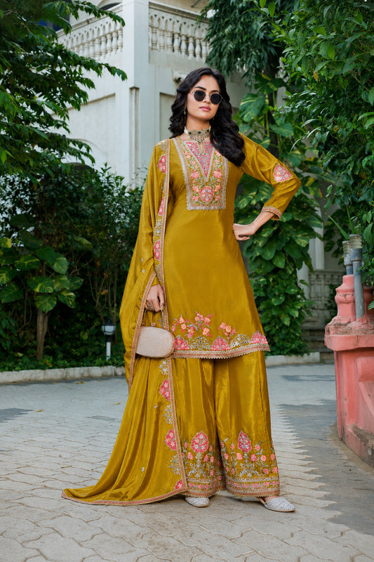 Mustard yellow palazzo pants with coding dori embroidery