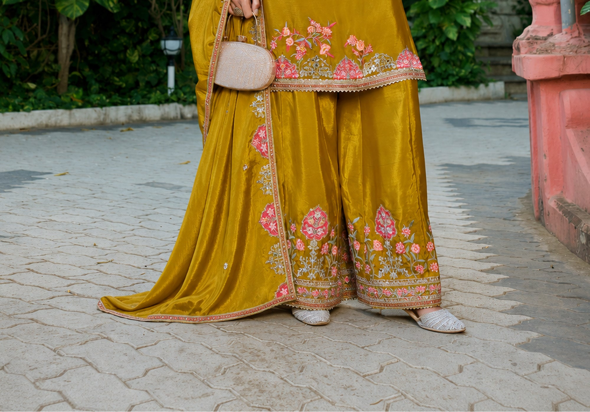 Mustard yellow palazzos with 6 colour dhaga detailing