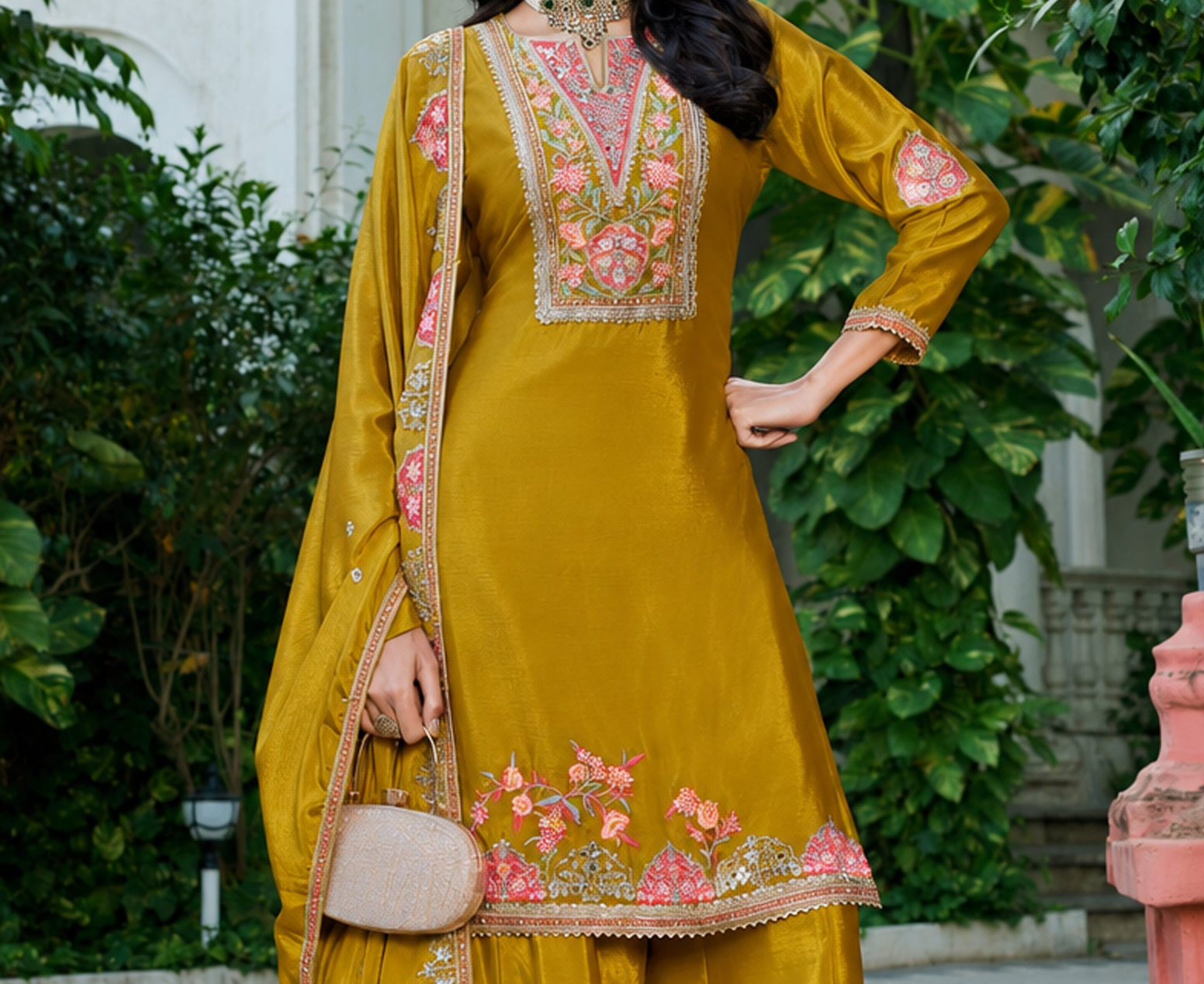 Mustard yellow palazzo clothes with jari sequence work