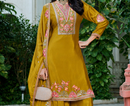 Mustard yellow palazzo clothes with jari sequence work