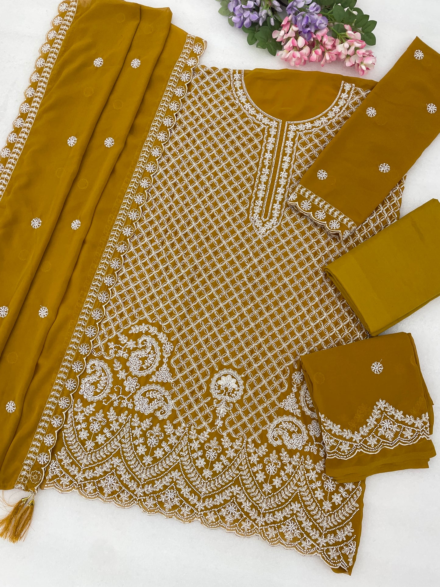 Plus Size Sharara Suit in Mustard Yellow with Heavy Embroidered Beads Sequence Work