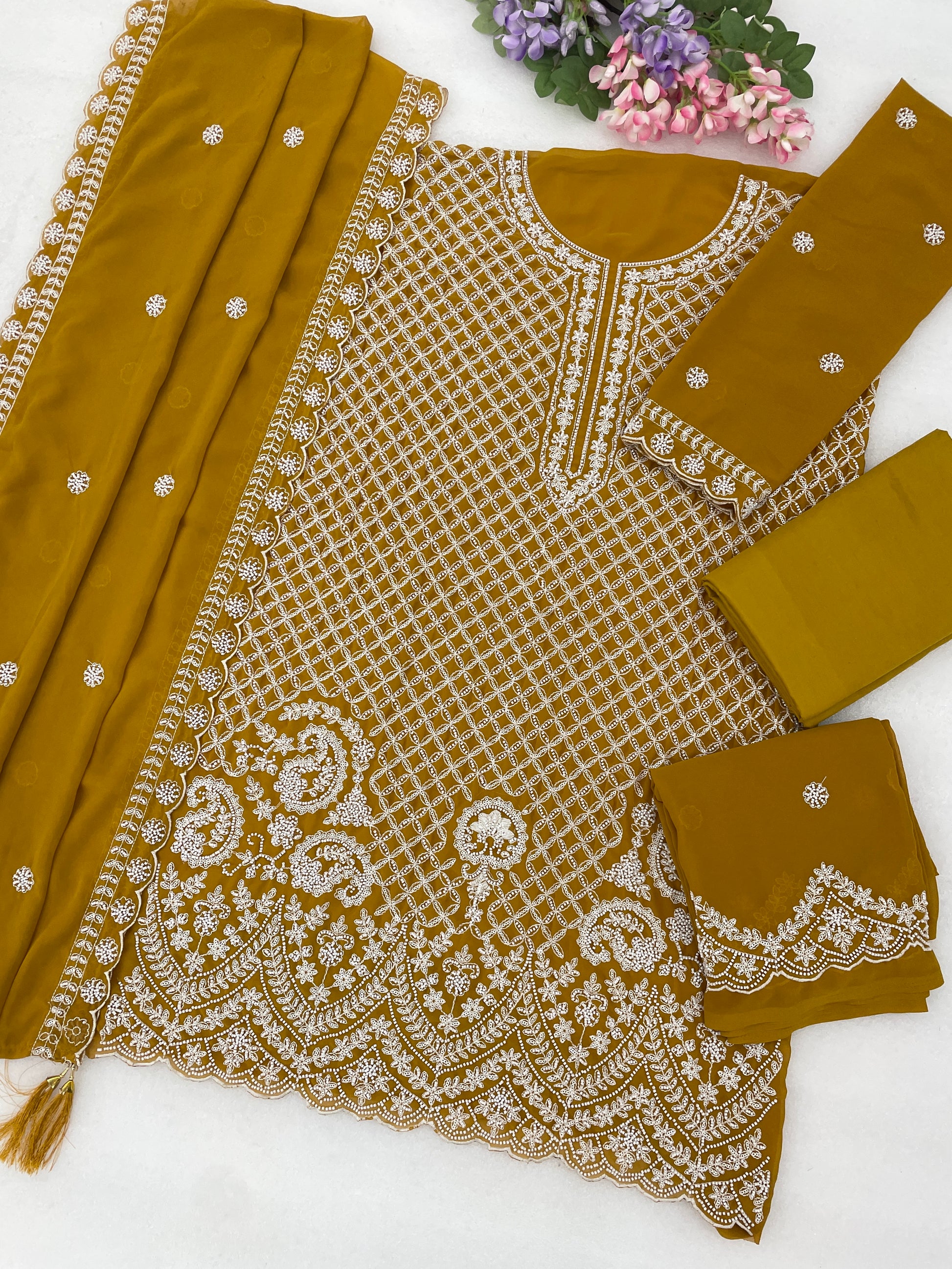 Plus Size Sharara Suit in Mustard Yellow with Heavy Embroidered Beads Sequence Work