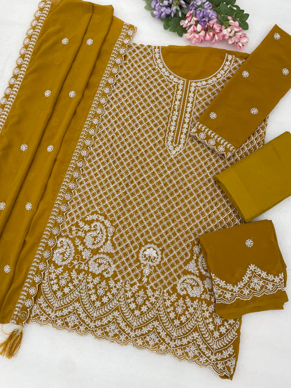Plus Size Sharara Suit in Mustard Yellow with Heavy Embroidered Beads Sequence Work