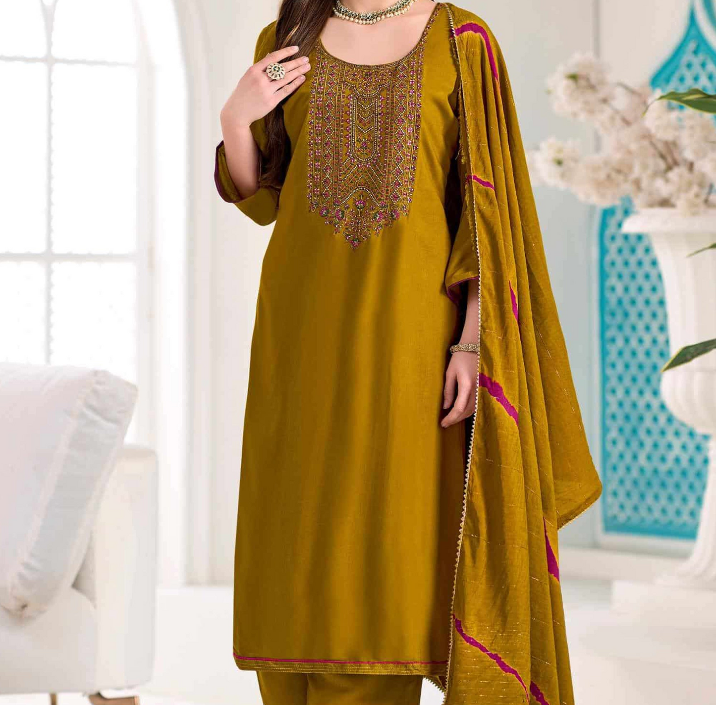 Mustard yellow salwar kameez with embroidery work