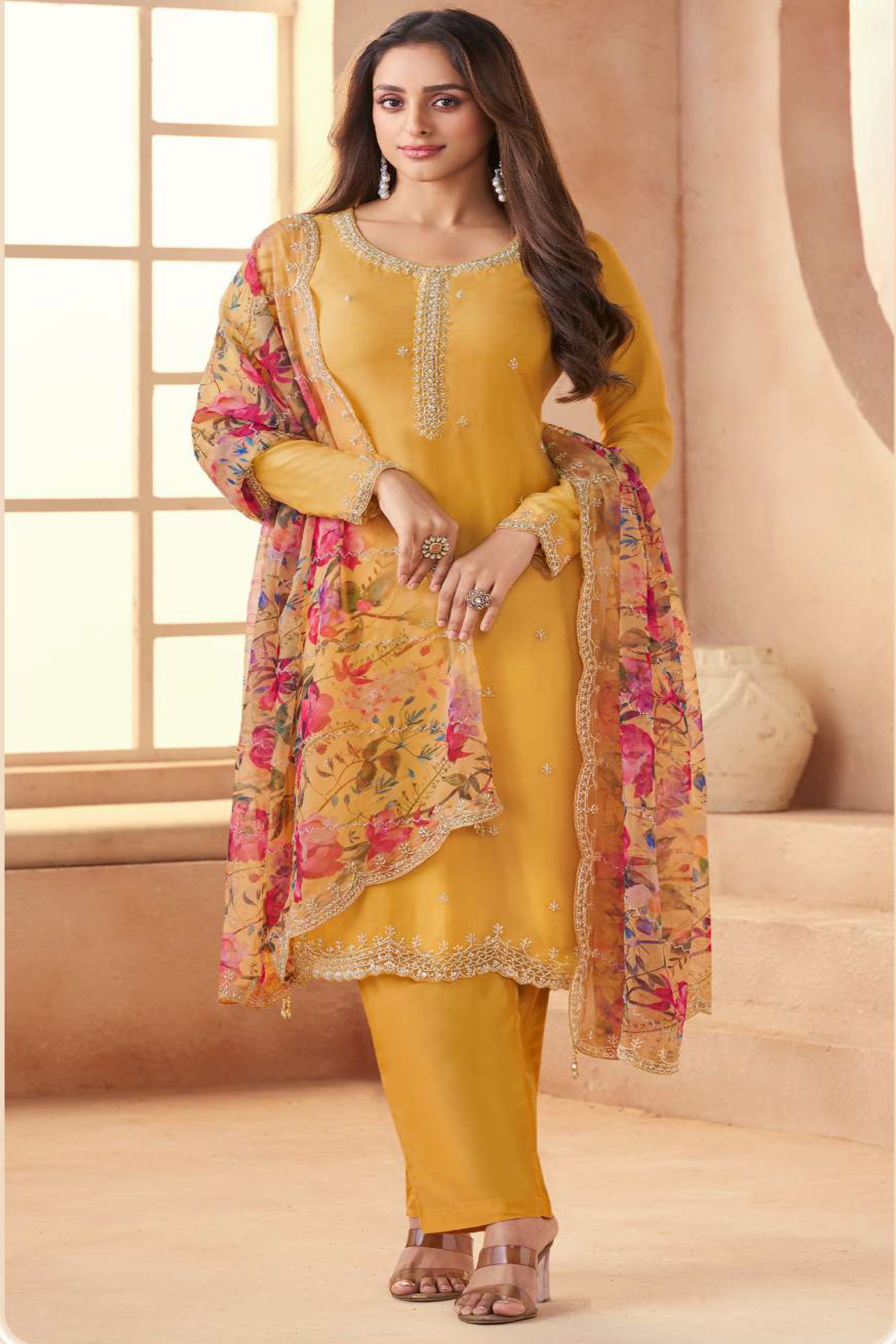Mustard yellow salwar kameez with embroidery front view
