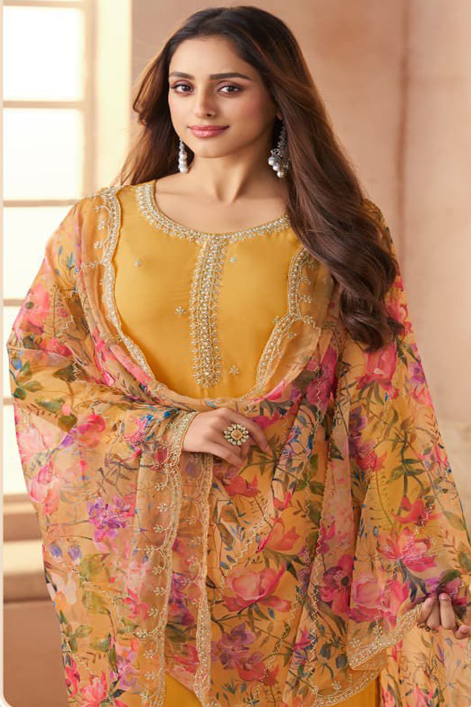 Close up embroidery work on Chinono silk salwar suit