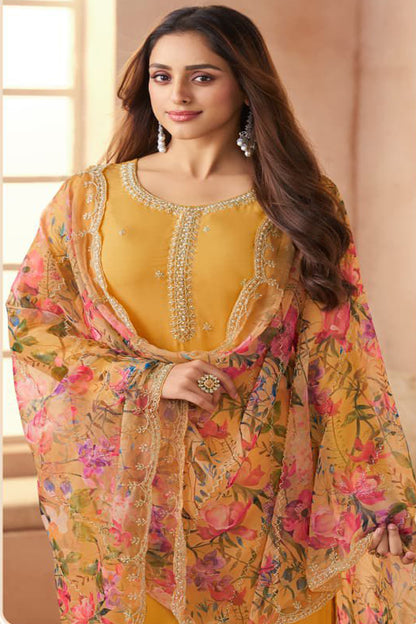 Close up embroidery work on Chinono silk salwar suit