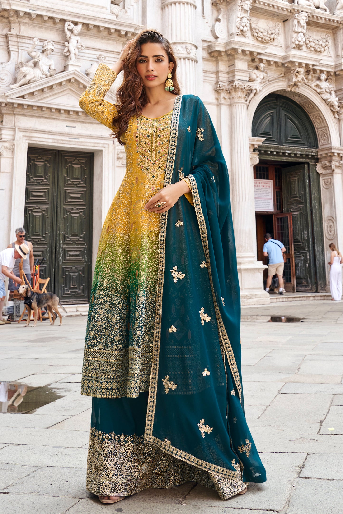 Mustard yellow salwar kameez sharara front view