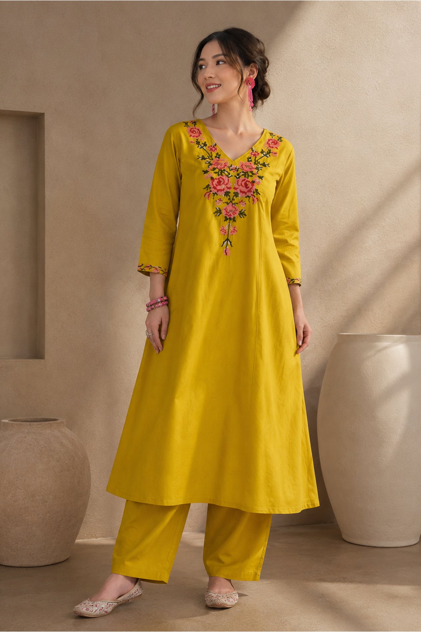 women's kurta paired with relaxed palazzo bottoms