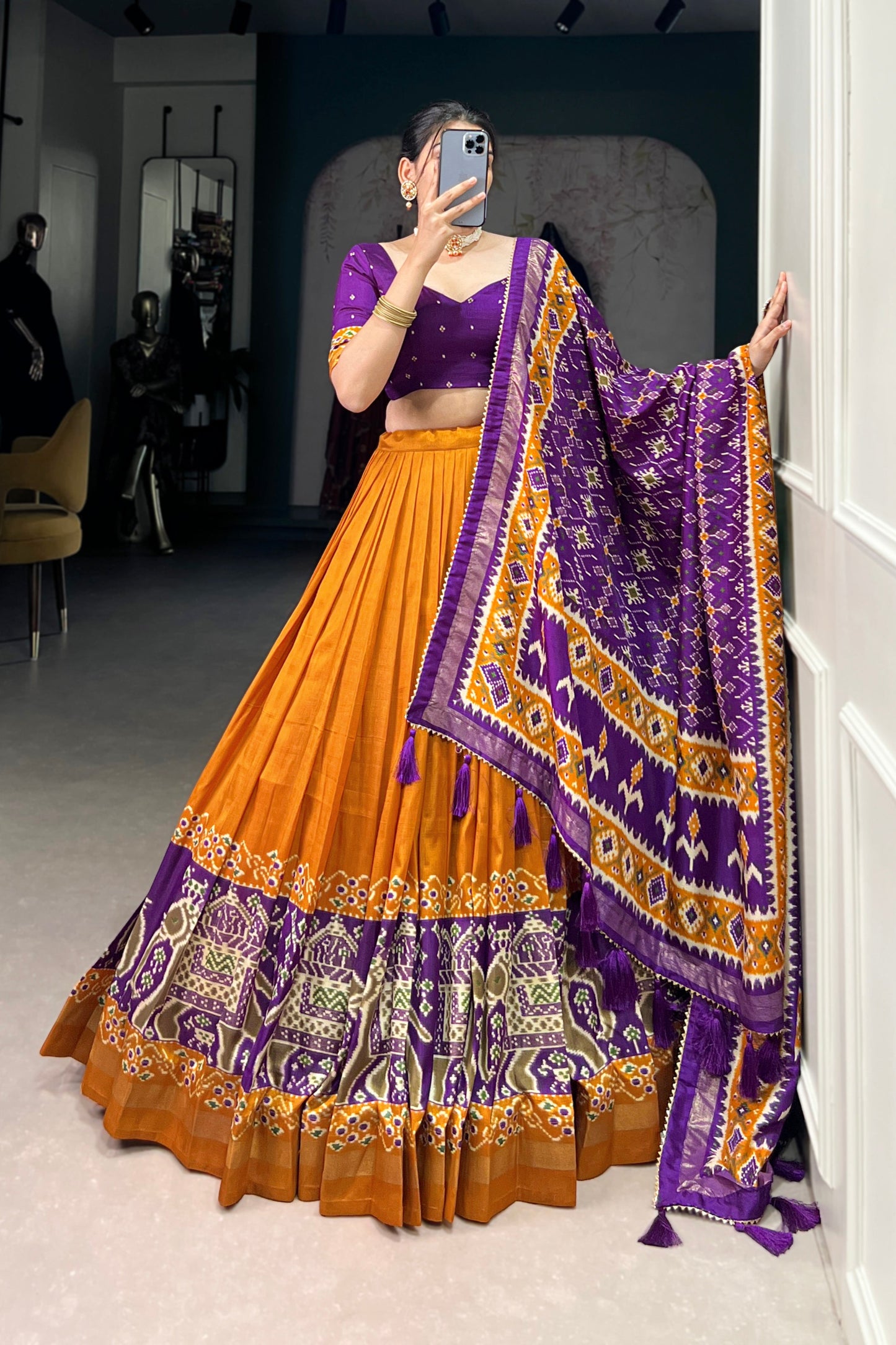 mustard yellow color lehenga choli waist detailing