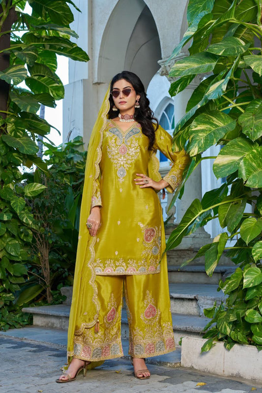 Mustard yellow Wide Leg Palazzo Pants with embroidered kurta set