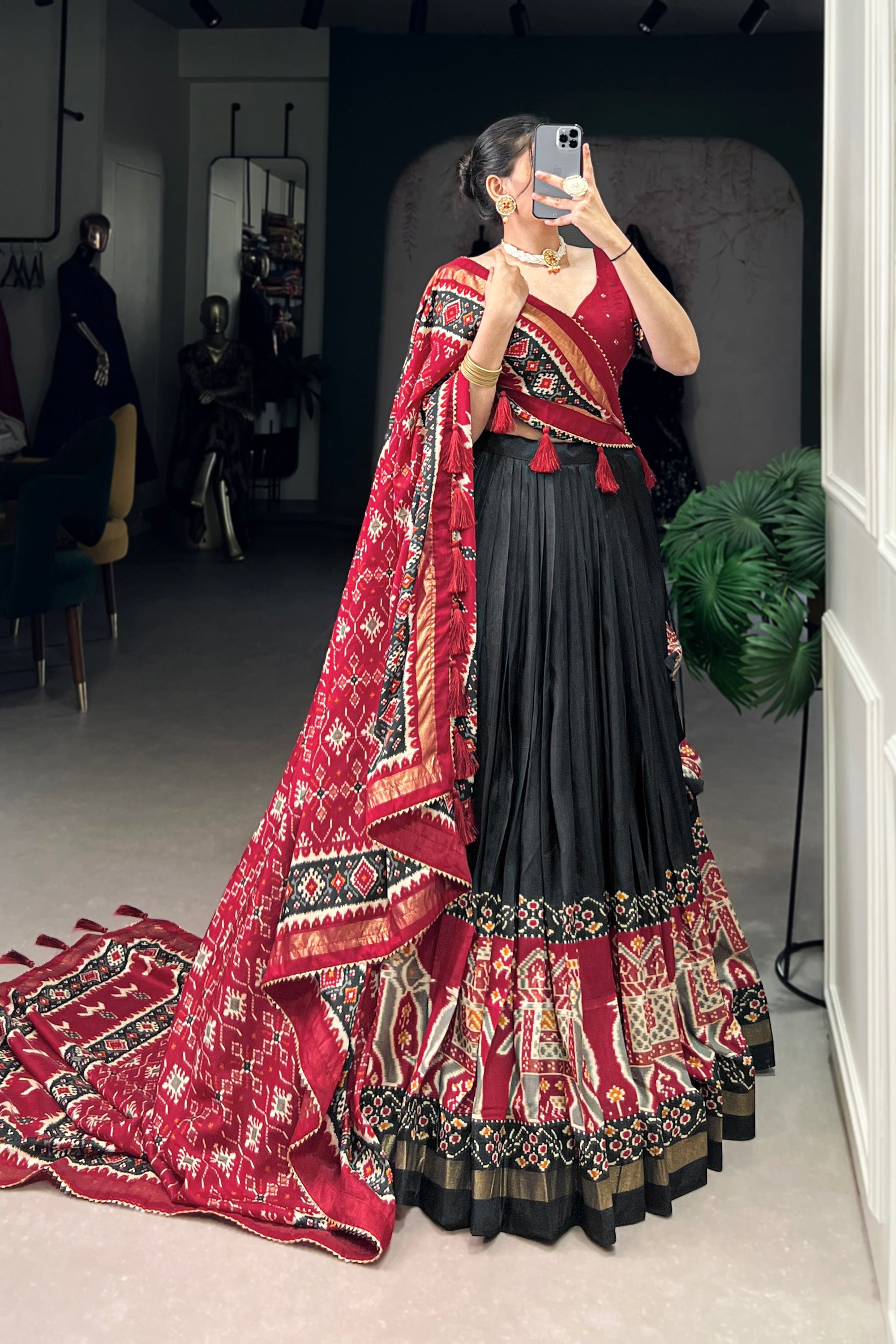 black lehenga for women minimal printed design
