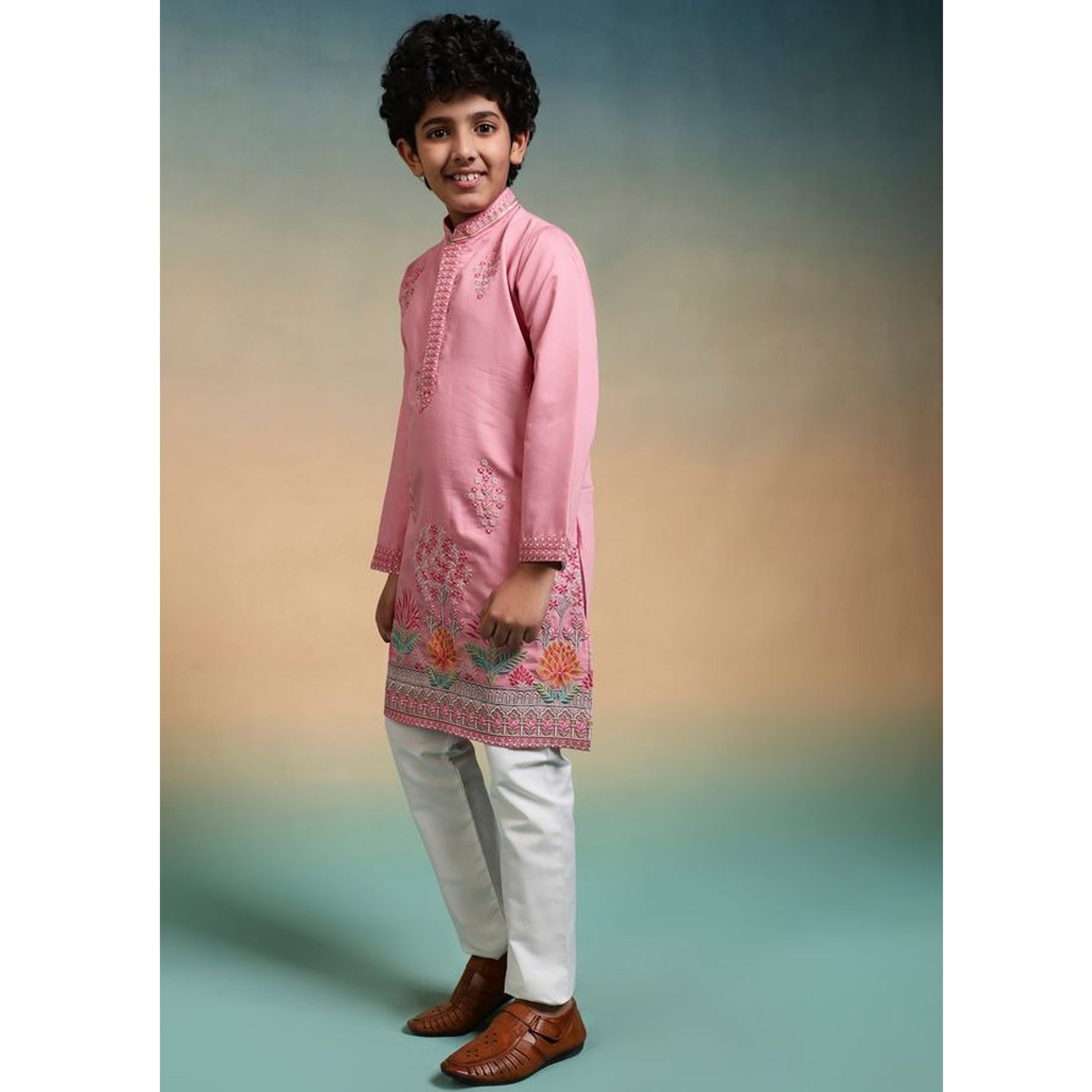 side view of light pink boys kurta pajama set