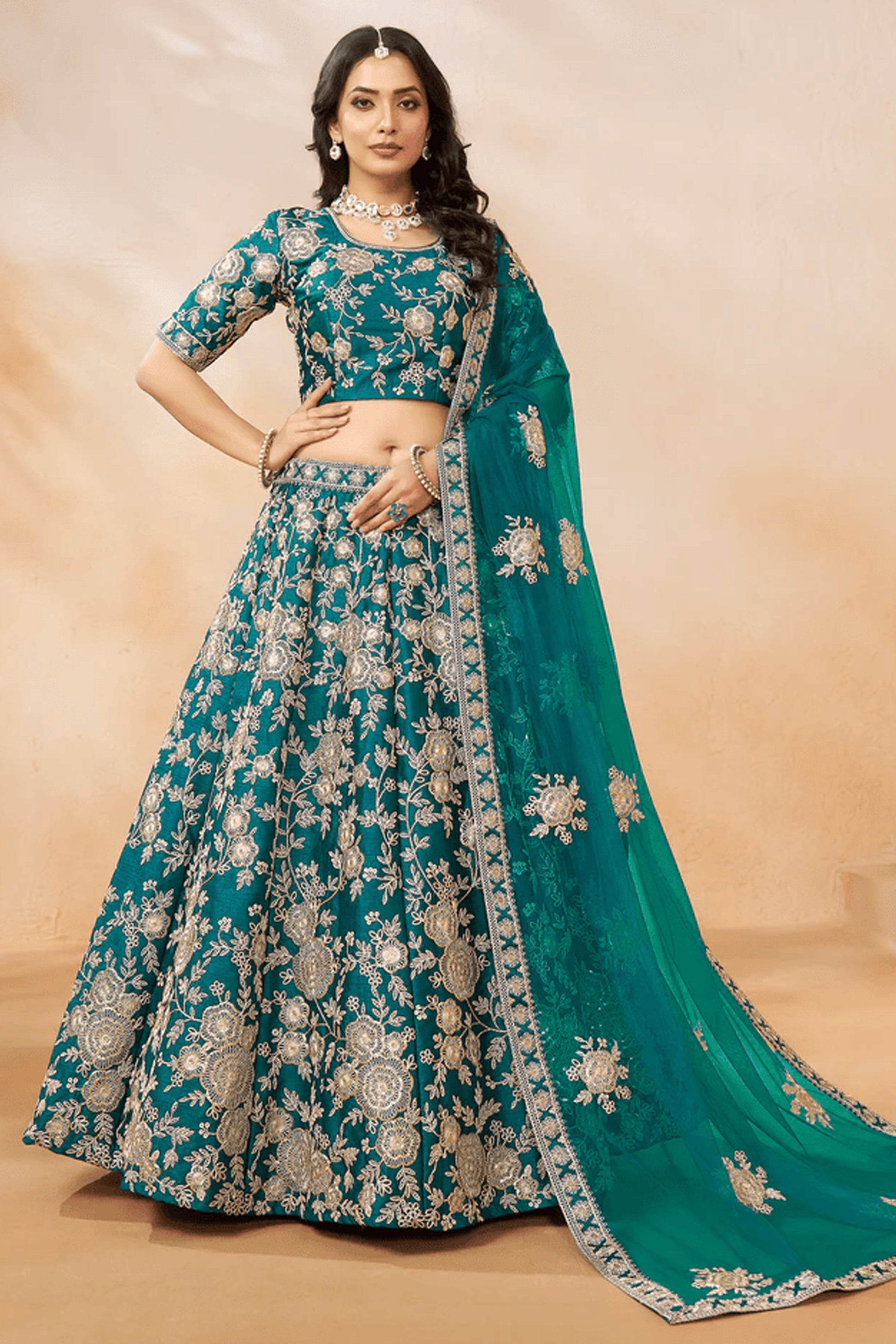 Wedding guest outfit cyan lehenga choli look