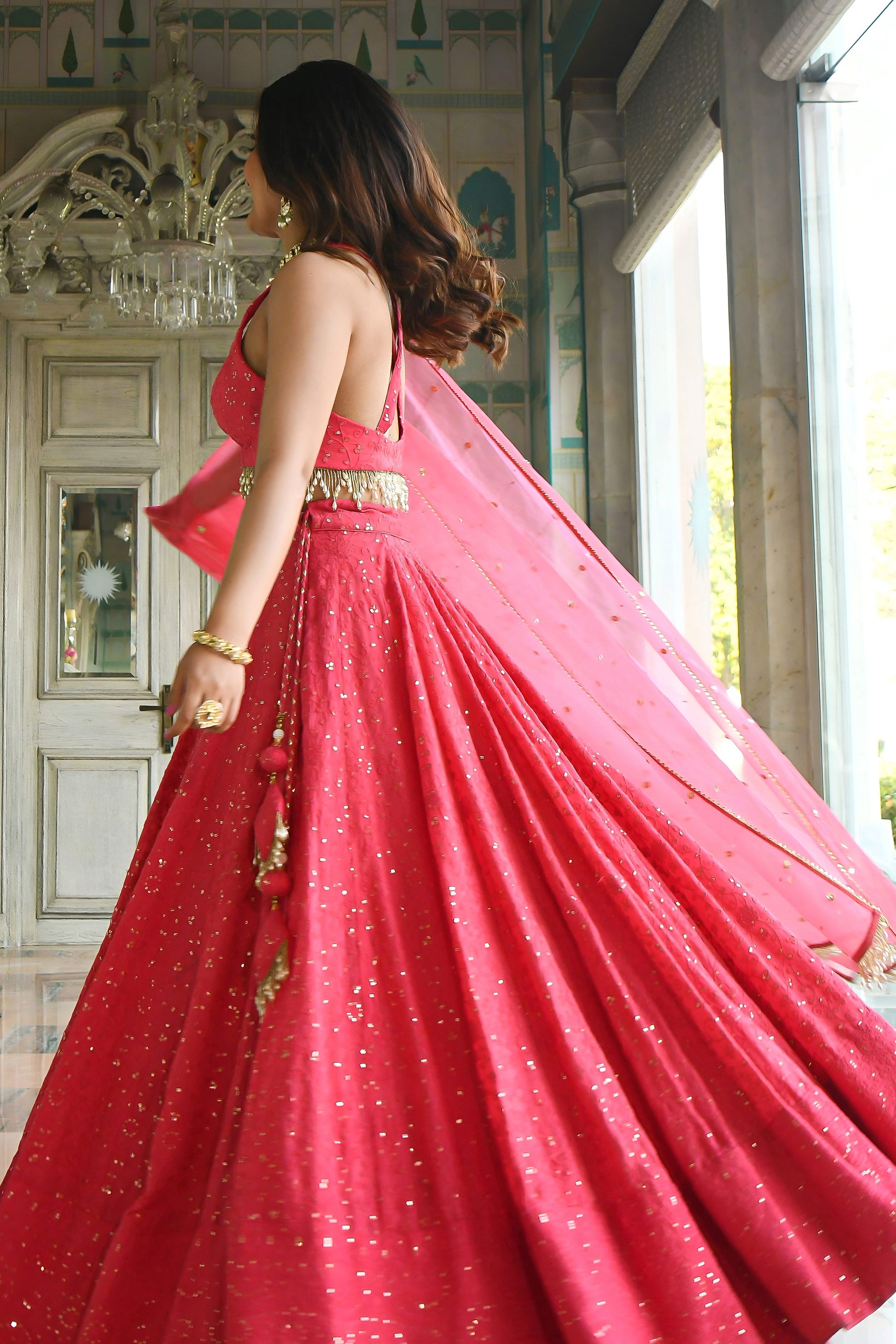 Long choli paired with embroidered georgette lehenga