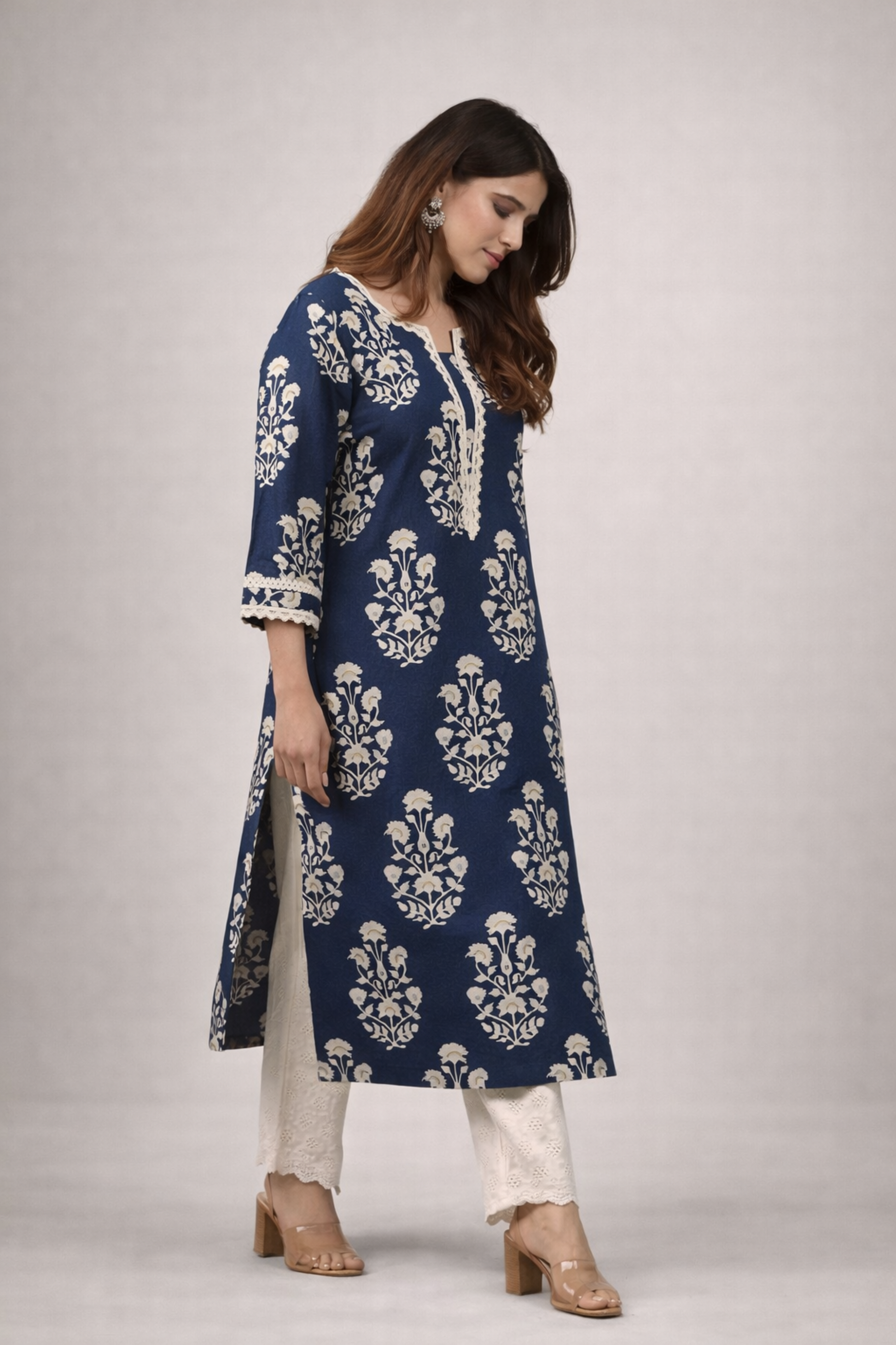 navy kurti side angle soft cotton fabric drape