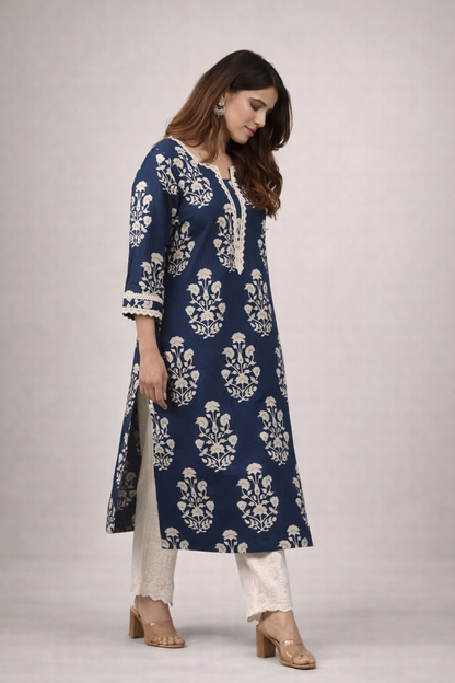navy kurti side angle soft cotton fabric drape