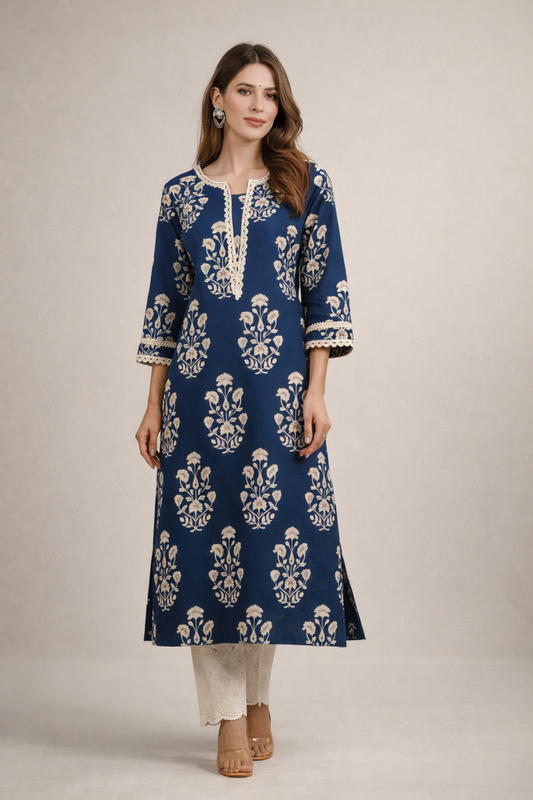 navy kurti for women front view floral print