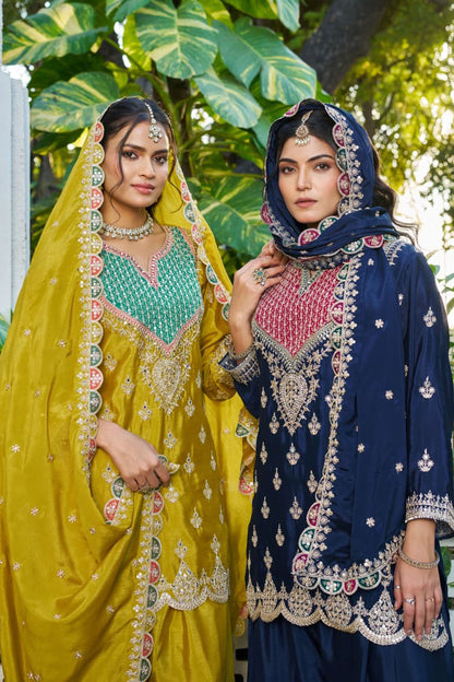 Navy blue embroidered palazzo clothes for evening wear