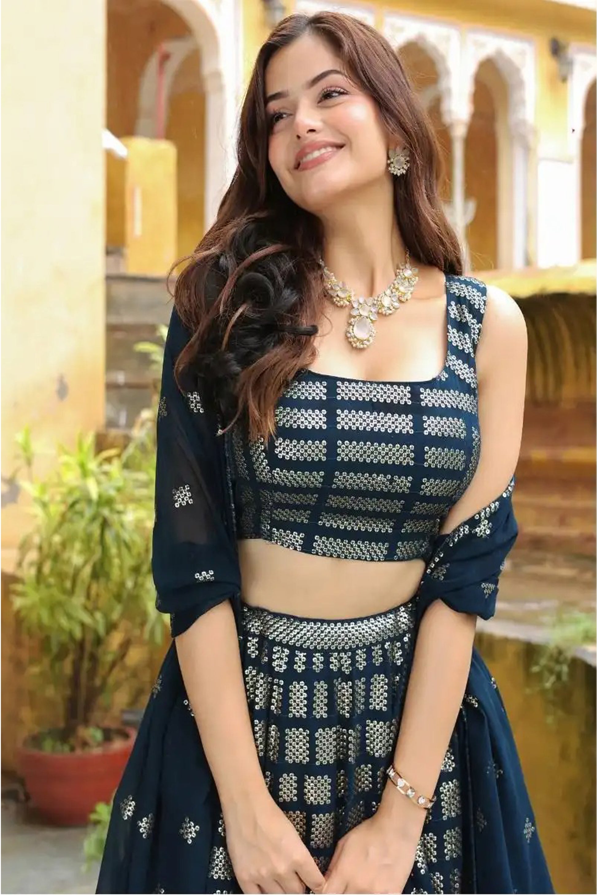 Blue Lehenga Choli with layered silk and organza detailing